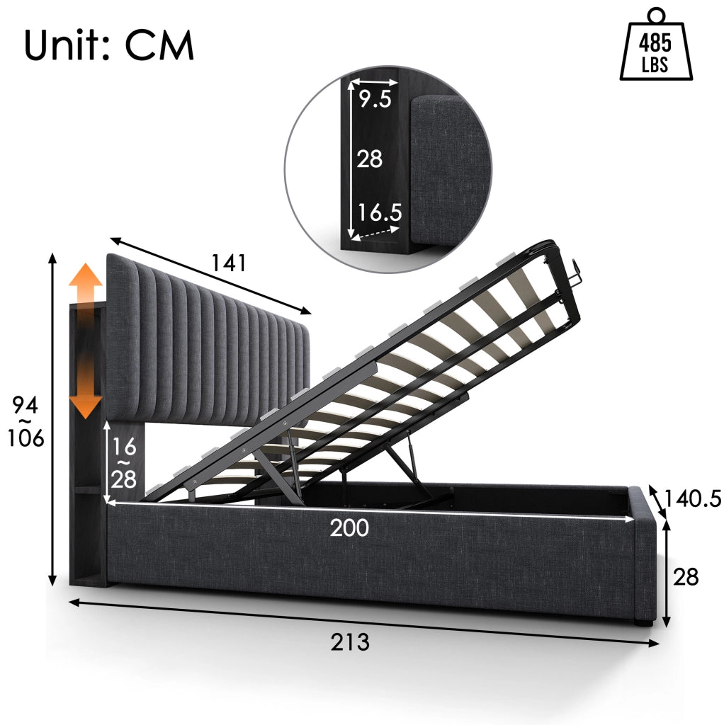 Letto matrimoniale 140x200 cm con contenitore; LED con controllo App; USB e Type C; grigio