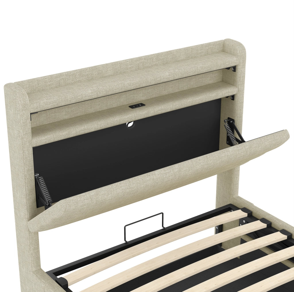 LETTO Contenitore 90x200 cm in lino beige con LED, USB e Type-C