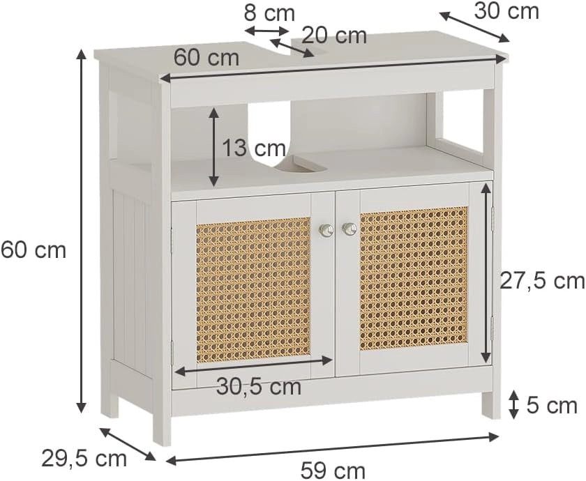 Mobile sottolavabo per bagno Rosario, Bianco, 60 x 60 cm con 2 ante e vano a giorno, per la conservazione di articoli da bagno e asciugamani