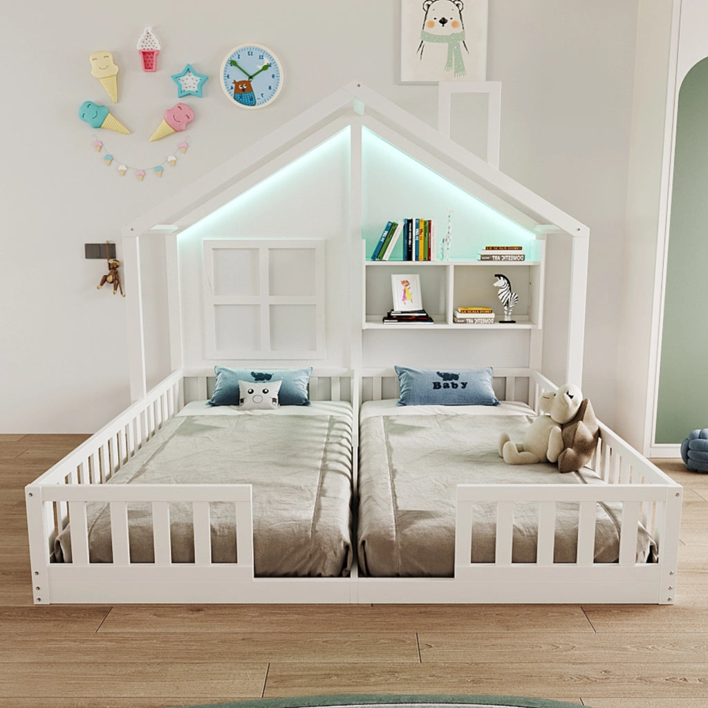 Letto per bambini a forma di casa con LED e doghe, 90x200 cm, bianco