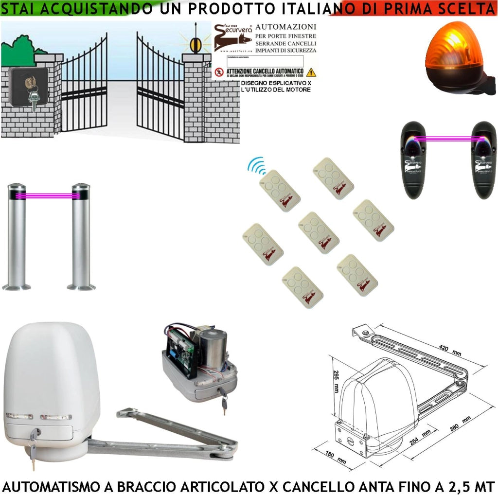 Kit Motore a Braccio Articolato 220/24 V Cancello Automatico Anta da 0,5 a 2,5 MT Centrale 7 Radiocomandi Faro Selettore 2 Paline 2 Fotocellule