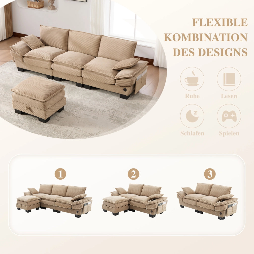 Canapé modulaire 3 posti con pouf, seduta ergonomica, porta USB-C e tasche laterali, in tessuto a coste khaki