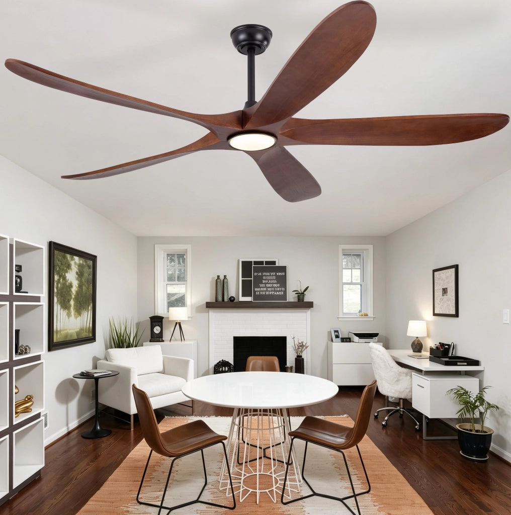 Ventilatore da soffitto con luce LED da 60 pollici; 5 pale in legno massello; noce e nero