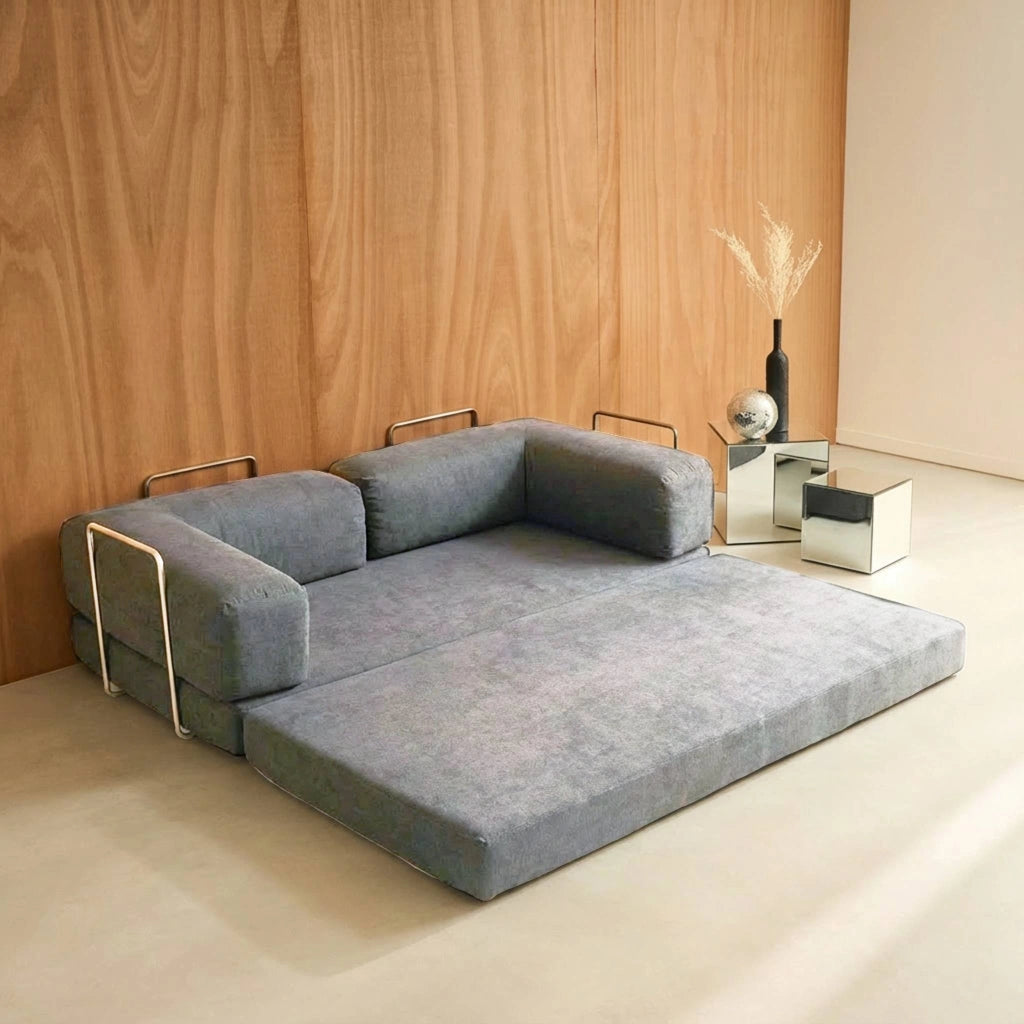 Divano letto futon in velluto a coste e struttura cromata, grigio