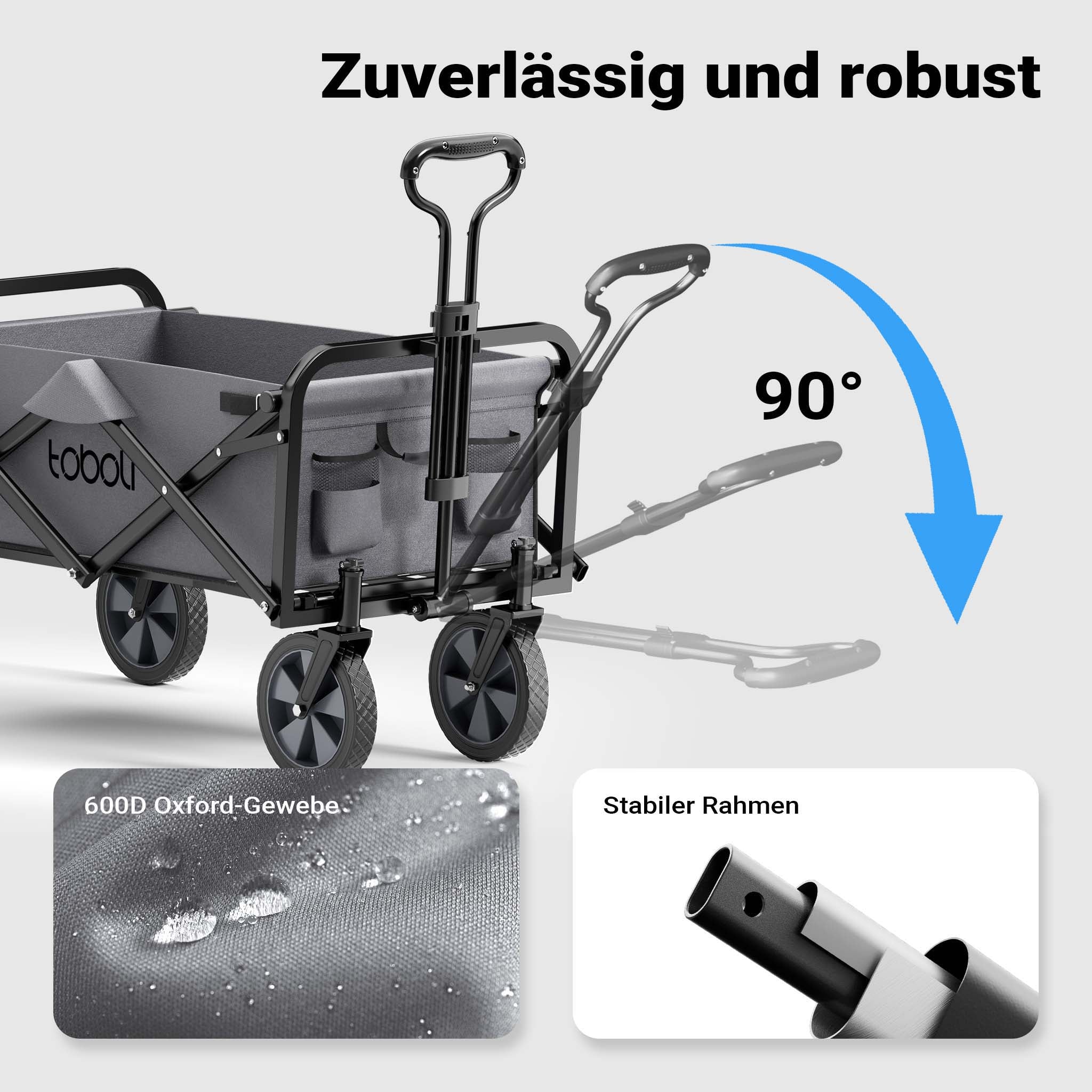 Toboli Carretto a mano pieghevole, max 100 kg, tessuto impermeabile grigio e manico telescopico, Carrello spiaggia