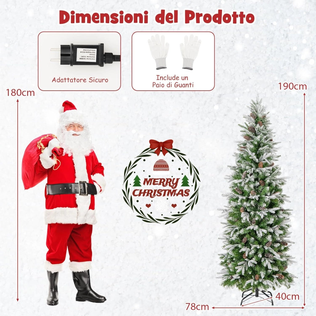 Albero di Natale Slim Pre-Luminoso 190 CM, Albero di Natale Artificiale Innevato con 280 Luci LED Bianche Calde, Rami Articolati e 671 Punte e 60 Pigne, Ideale per Casa, Negozio e Ufficio