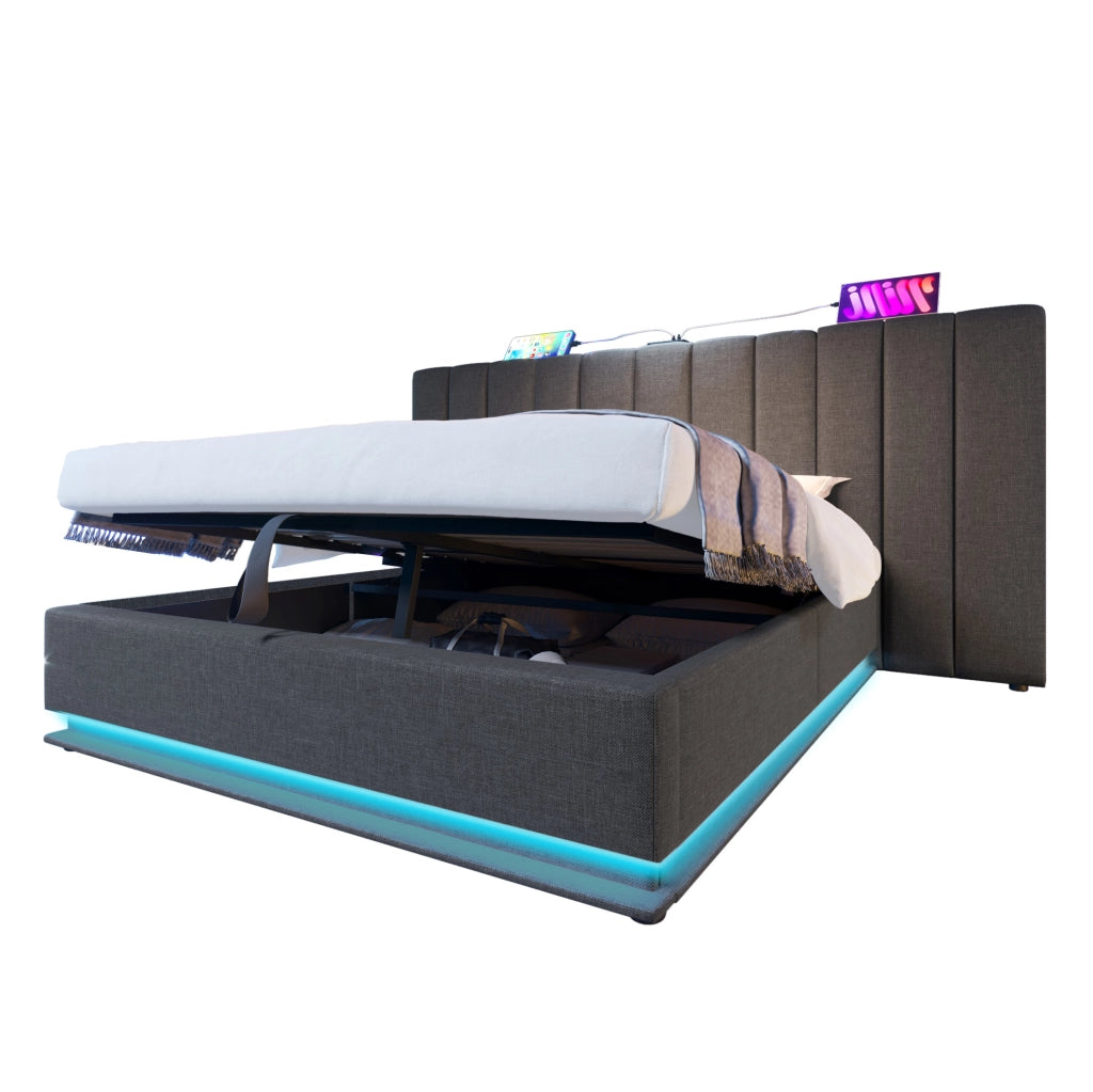Letto matrimoniale contenitore 180x200 cm con LED 360掳; USB e USB-C; in lino grigio