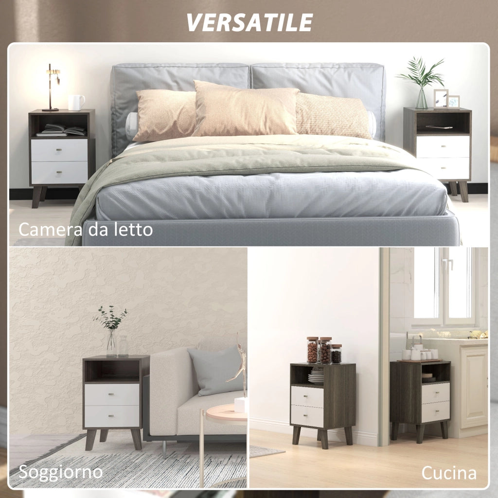 Set di 2 Comodini Moderni per Camera da Letto, Coppia di Comodini con 2 Cassetti e Vano Aperto, 40x34x64cm, Grigio e Bianco
