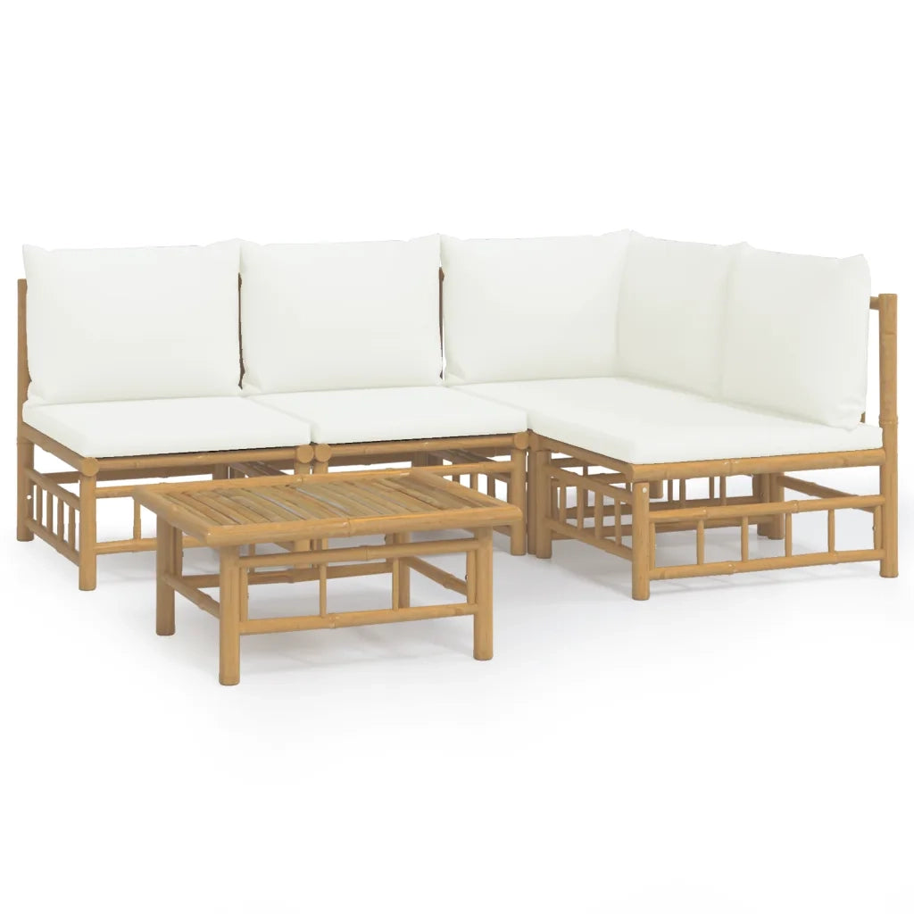 Set Salotto da Giardino 5pz con Cuscini Bianco Crema in Bambù 3155202