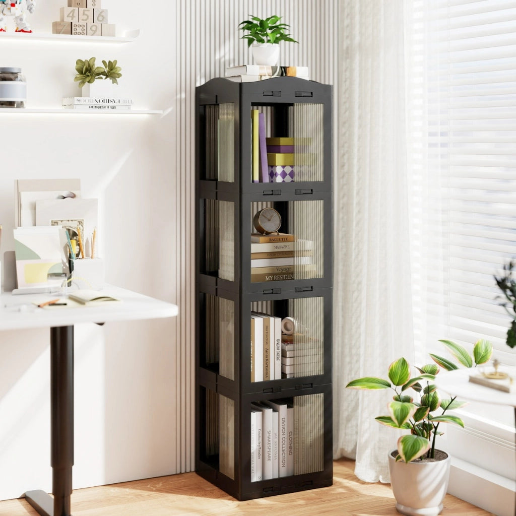 Libreria girevole pieghevole a 4 livelli per soggiorno e studio, Scaffale girevole a 360¡ã con base rotante per esposizione Nero-Librerie