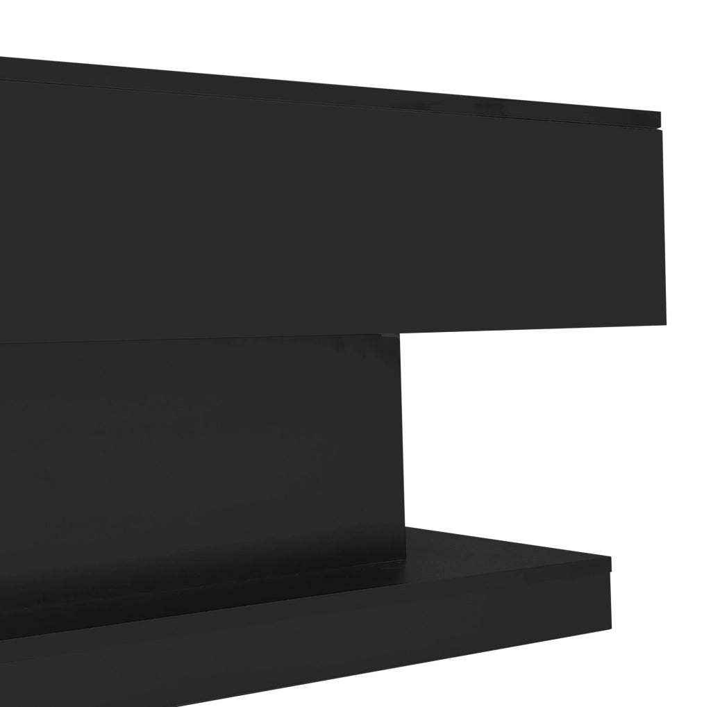 Tavolino da salotto nero lucido con piano sollevabile, scorrevole, luce integrata e vani