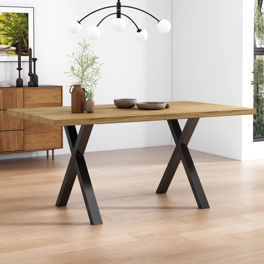 Tavolo da pranzo con gambe incrociate, in MDF effetto rovere, per soggiorno e sala da pranzo, 140 × 80 × 76 cm