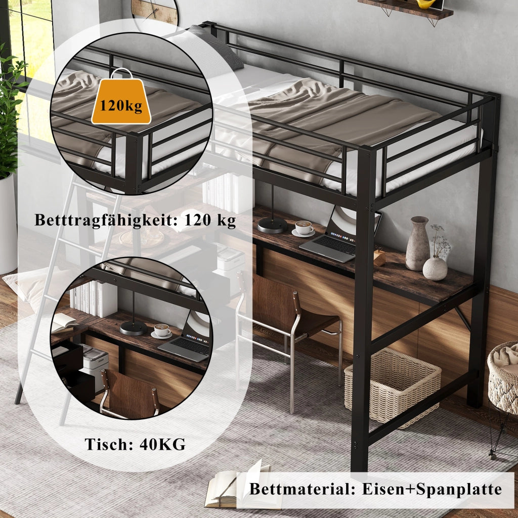 Letto a Soppalco 90x200 cm; Scrivania da 2 m; 3 Cassetti e Scala Inclinata - Nero