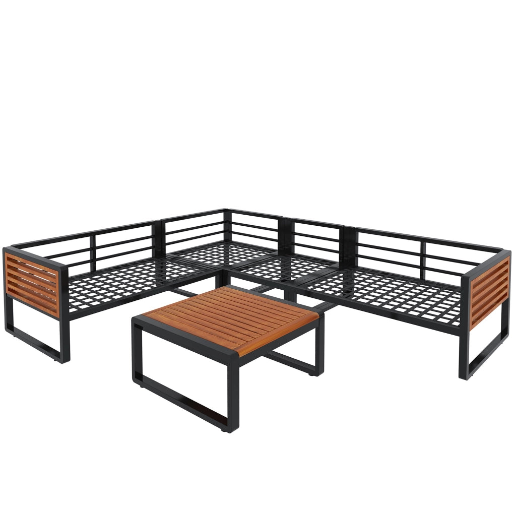 Set Divano da Giardino 5-6 Posti con Braccioli in Legno ¨C MINIMAL ¨C Polyrattan, Metallo