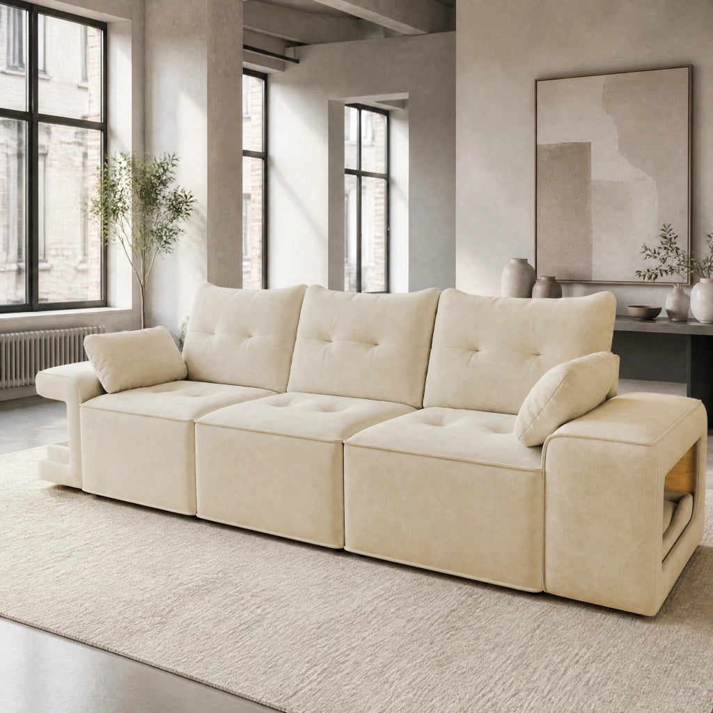 DIVANO Modulare 3 Posti 229,5x78x84 cm Velluto Beige con 2 Cuscini e Contenitore