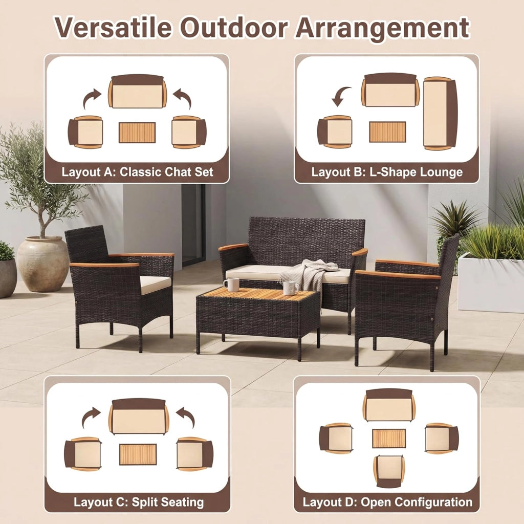 Salotto da Giardino Esterno 4 Pezzi, Set Giardino Esterno in Rattan con 1 Tavolino, 2 Poltrone e 1 Divano 2 Posti, Set Mobili da Patio con Cuscini Morbidi per Patio, Balcone e Piscina