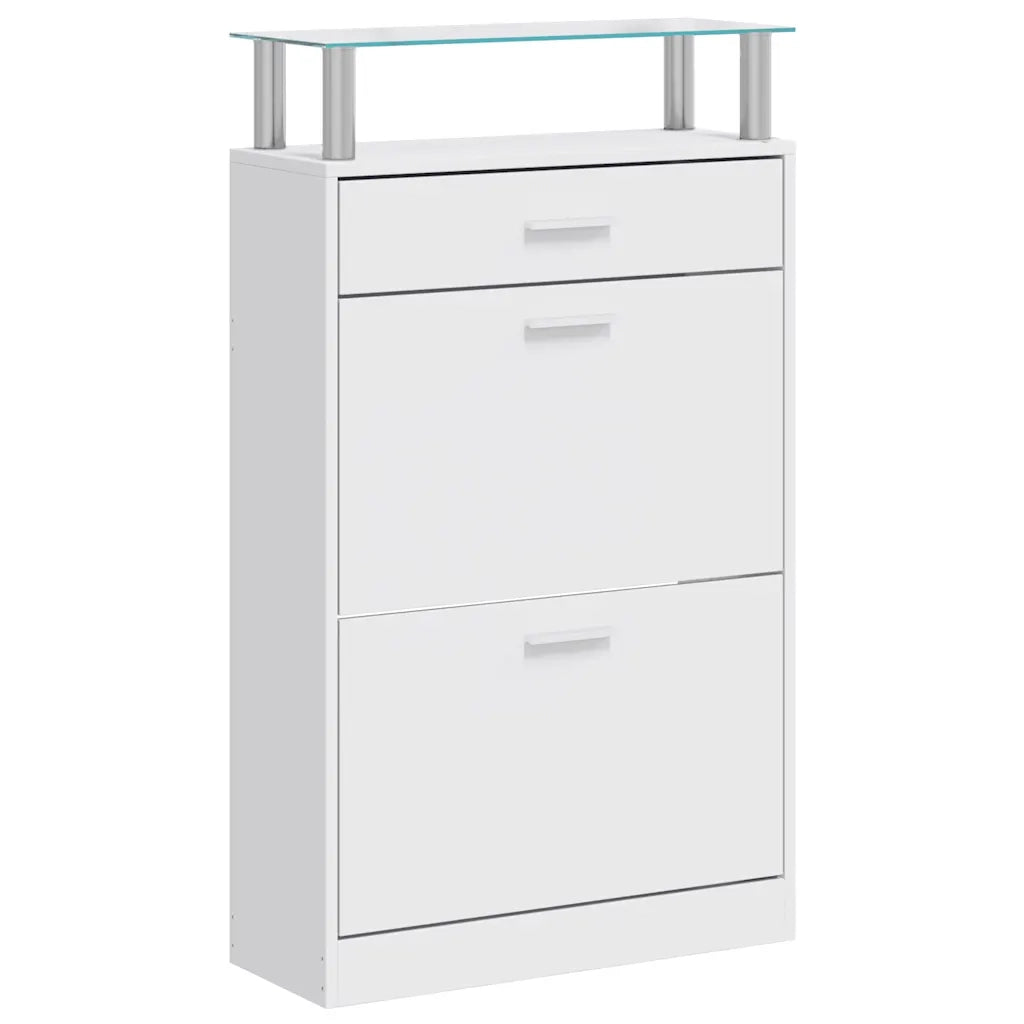 Scarpiera con Cassetto e Mensola Vetro Sopra in Legno Bianco 241244