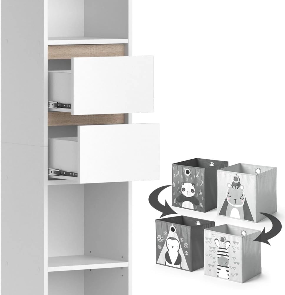 Libreria bambini Robert, Bianco, 36.2 x 171 cm con box pieghevole grigio, adatto per riporre giocattoli e libri
