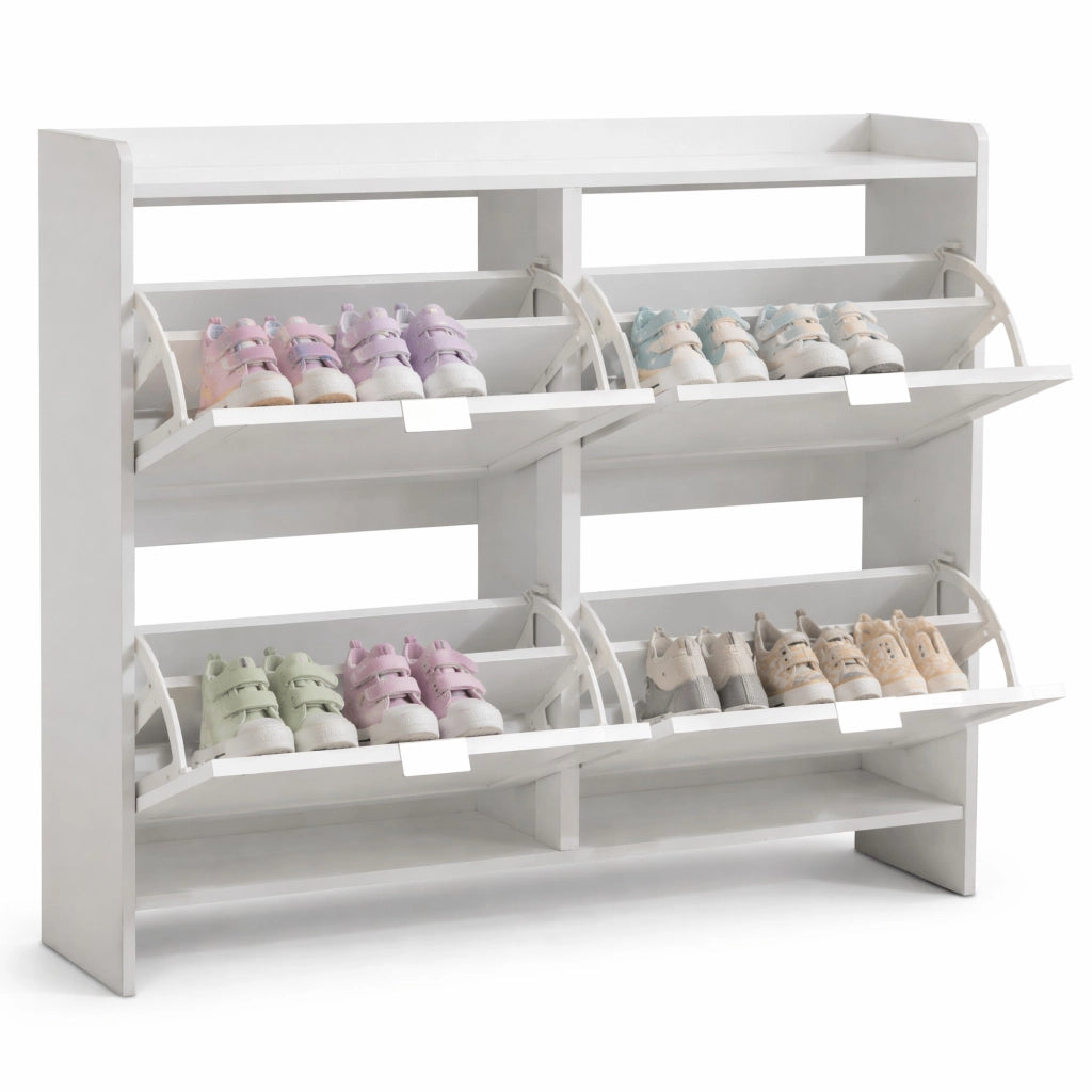 Scarpiera moderna con 4 vani a ribalta, struttura salvaspazio, colore bianco, 110 x 90 x 24 cm