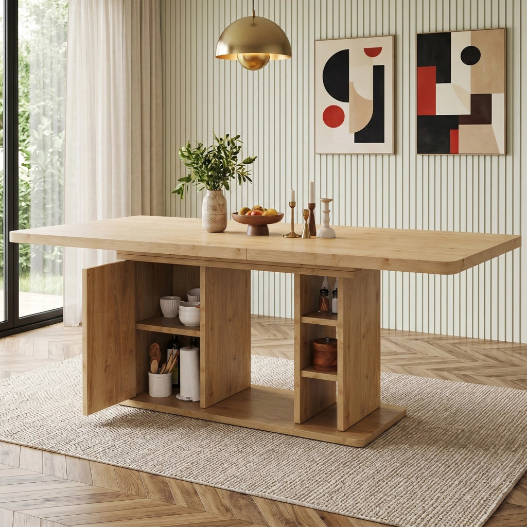 Tavolo da pranzo allungabile 140/180 x 80 cm, per 6–8 persone, con vano contenitore, colore rovere