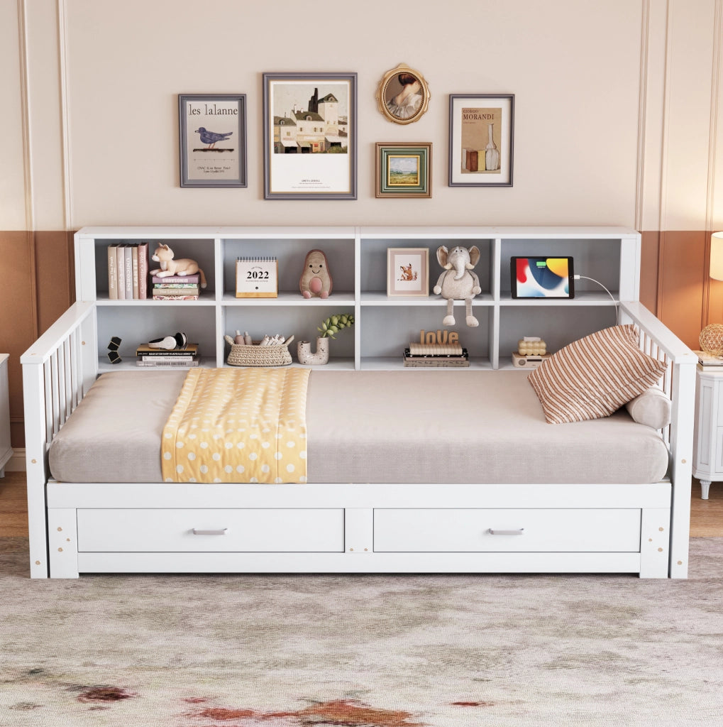 Divano letto 90x190 cm estraibile con contenitore; presa e 2 cassetti legno bianco