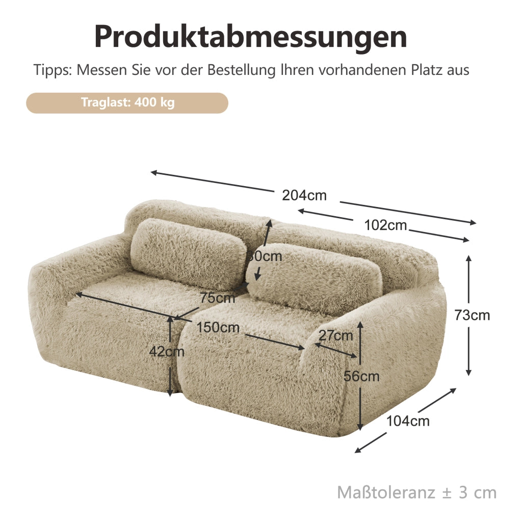 Divano Modulare 2 Posti con Design senza Struttura, Seduta Ampia e Cuscini, in Peluche, Cachi Chiaro