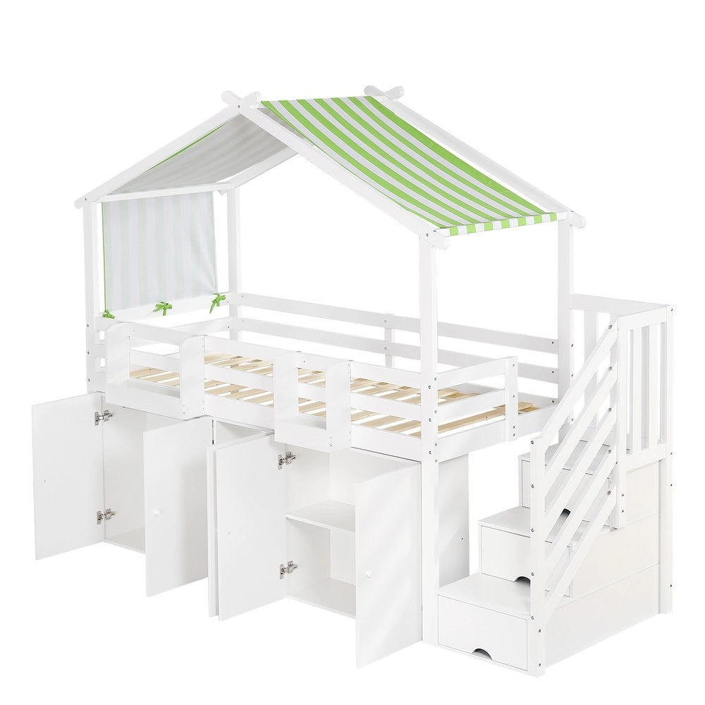 Letto a Castello Bambini con Armadio e Cassetti ¨C Xylo ¨C Pino MDF Multistrato, Bianco Verde, 90x200