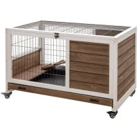 Conigliera in Legno con 4 Ruote, Casetta per Conigli e Rampa, 90x53x59cm, Marrone