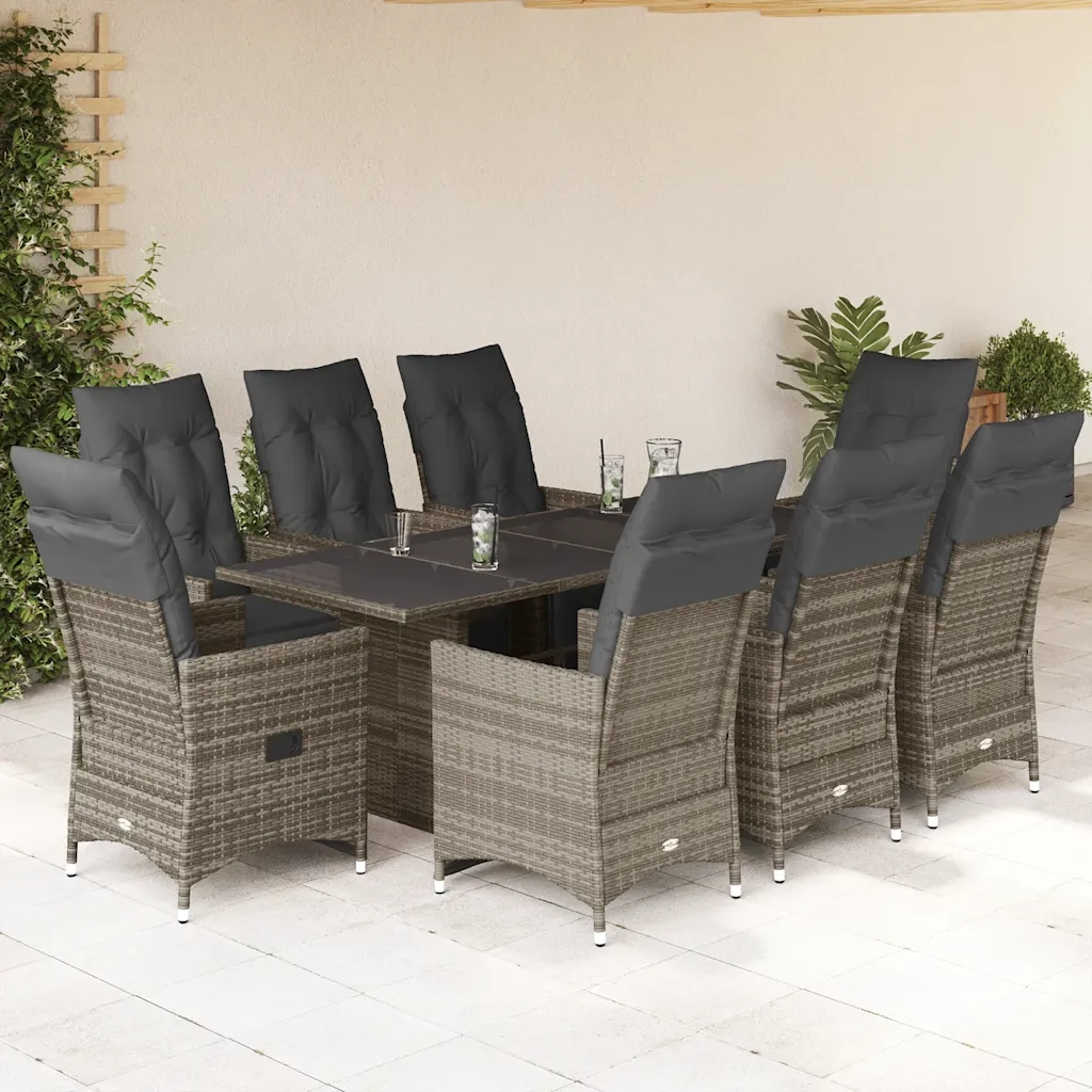 Set Bistrò da Giardino 9 pz con Cuscini in Polyrattan Grigio