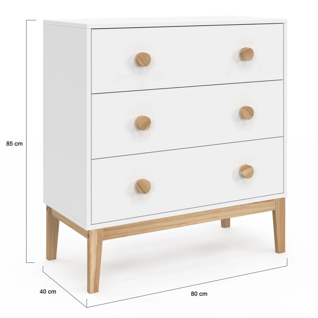 IDMarket - Cassettiera a 3 cassetti per bambini JACOB 80 cm in bianco e legno