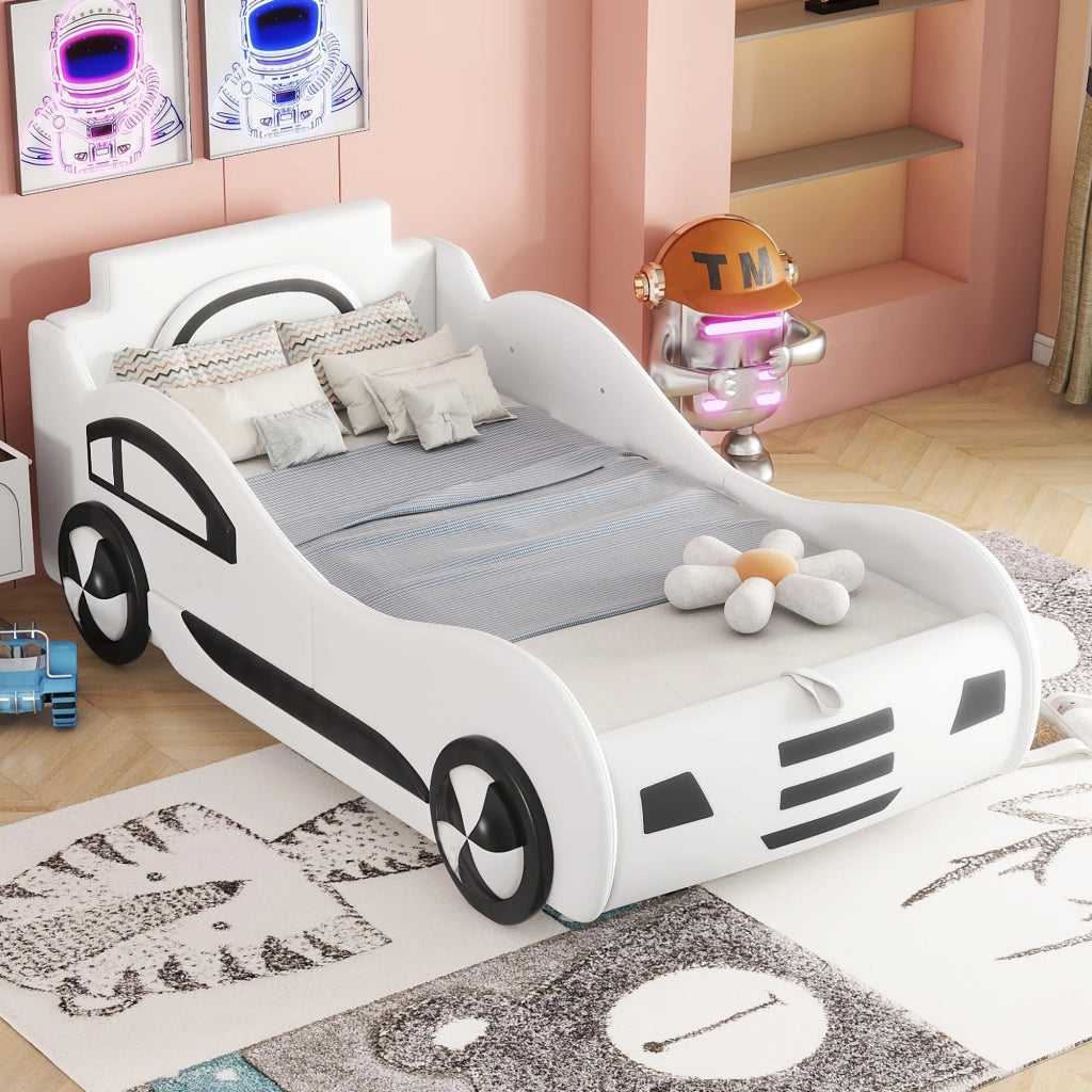 OKWISH Letto Bambini 90×200 cm, Letto Singolo con Contenitore, Design Auto, senza Materasso, in PU e MDF, Bianco
