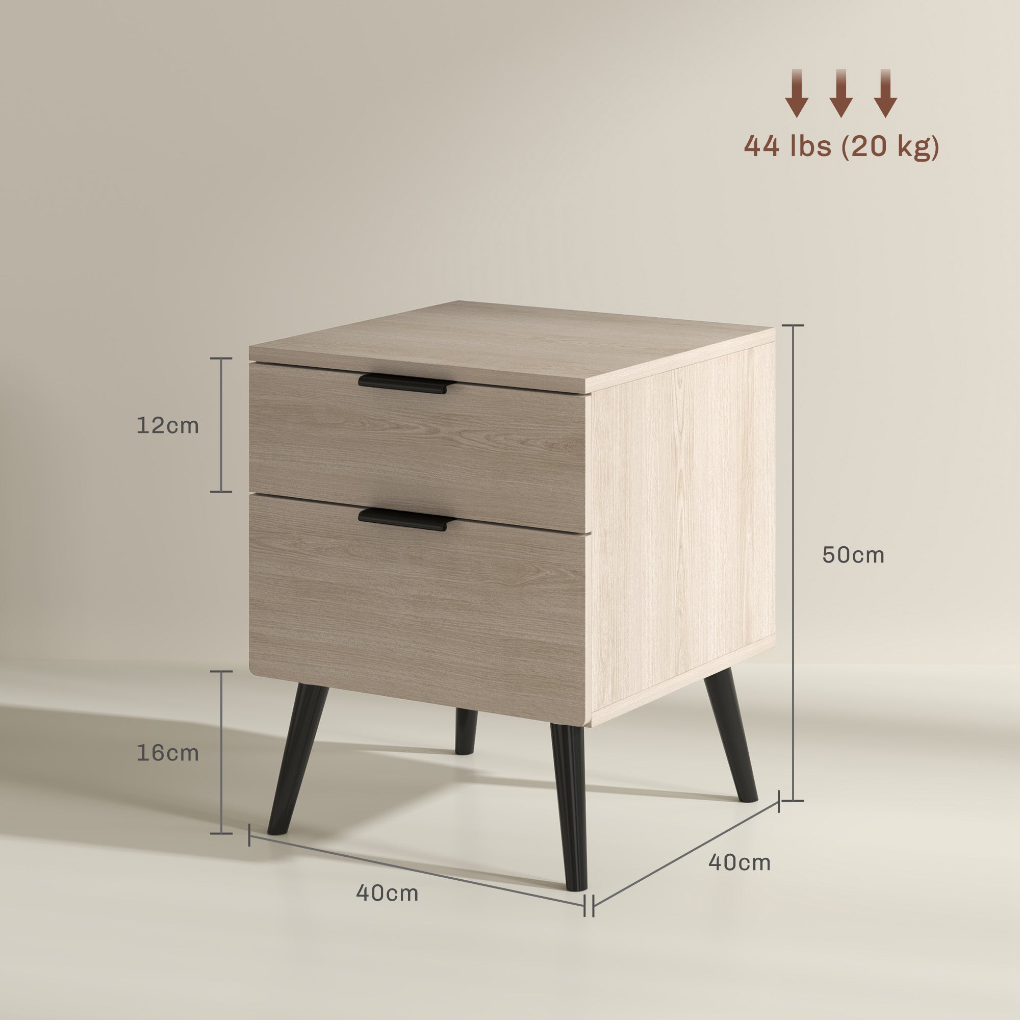 Set 2 Comodini Stile Nordico 40x40x50 cm con Cassetti in Legno Rovere