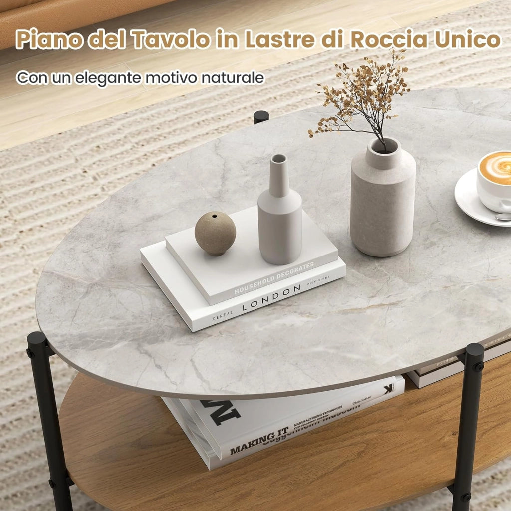 Tavolino da Caffè Ovale a 2 Livelli con Piano in Pietra, Tavolo da Caffè con Struttura in Metallo e Ripiano Aperto, Tavolino per Soggiorno o Sala d'Attesa
