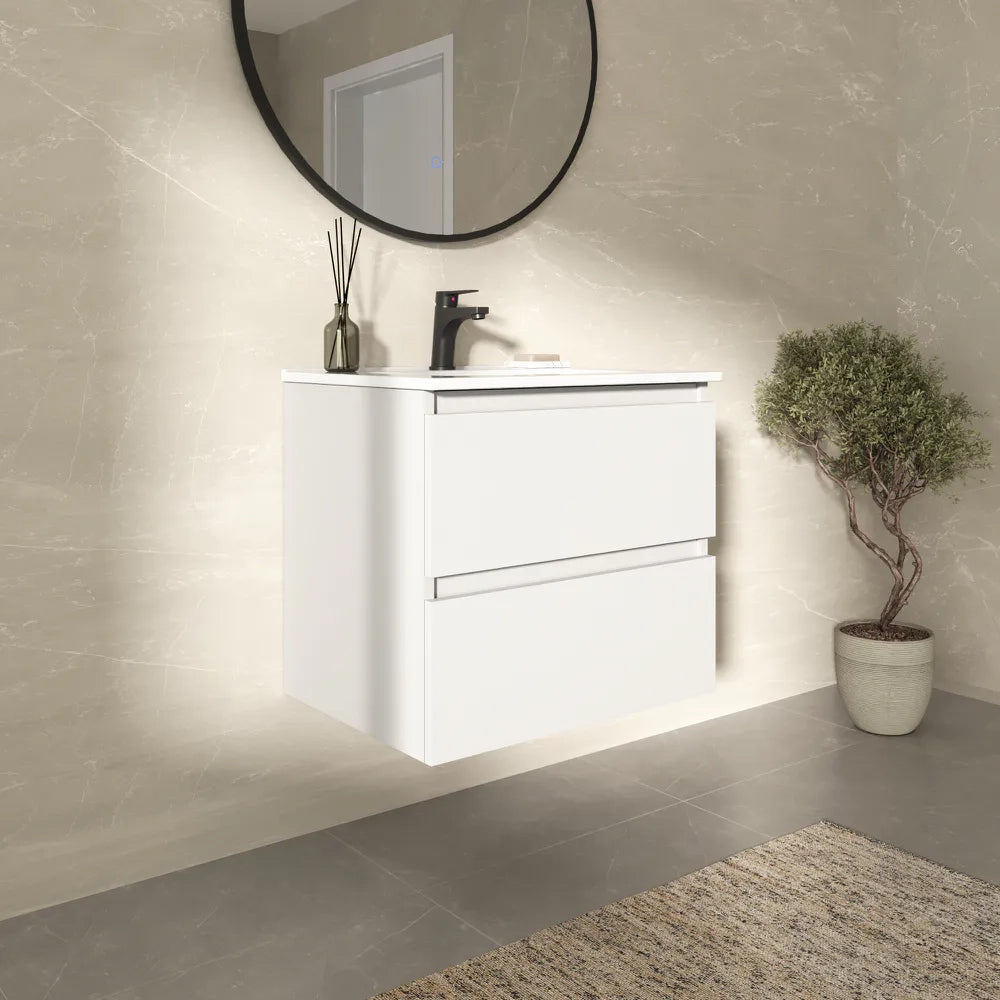 Mobile bagno sospeso 60cm due cassetti bianco opaco con lavabo | Hexa