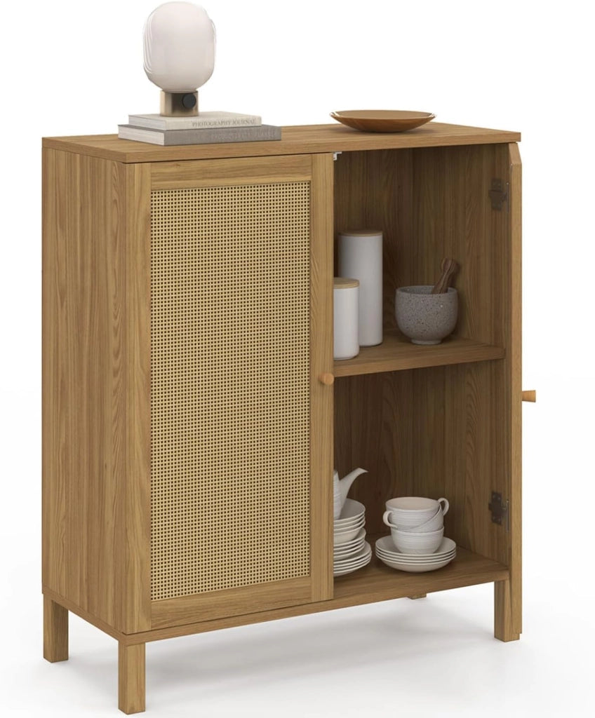 Credenza vintage a 2 ante HANAE, 70 cm, effetto canna naturale