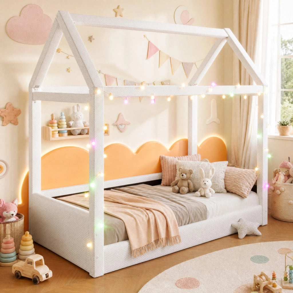 DESMIU Letto a casetta singolo con LED regolabile, 90 × 200 cm, senza materasso, in tessuto e MDF, beige