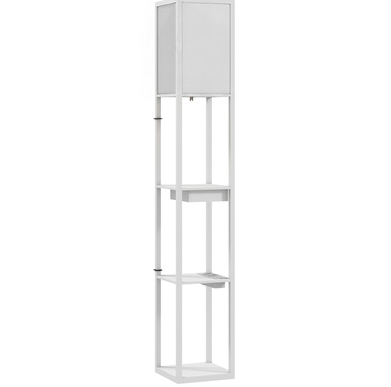 Lampada da terra bianca in MDF con 3 ripiani, interruttore a pedale e porte USB