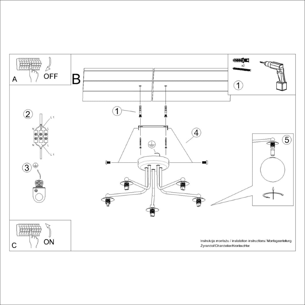Lampadario da parete a LED ASTRAL French Sky a 5 luci in acciaio bianco e vetro