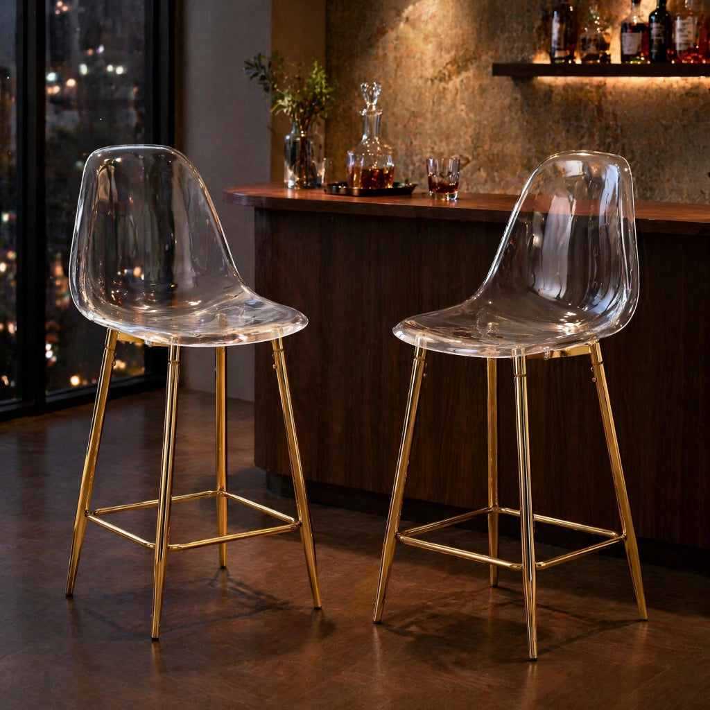 Sgabello da bar trasparente con poggiapiedi, stile moderno, in plastica, Oro