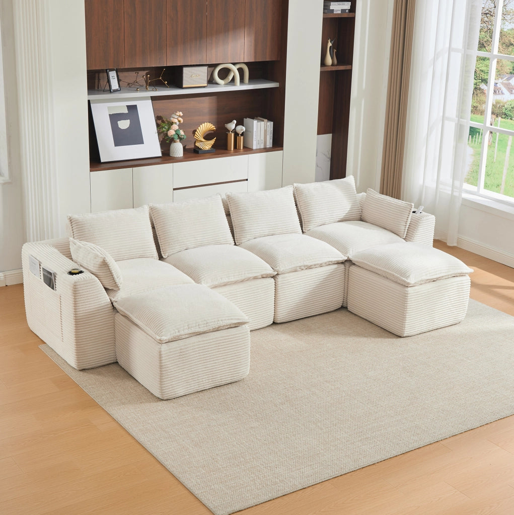 Divano modulare in velluto a coste beige 322x161 cm HAVRYA