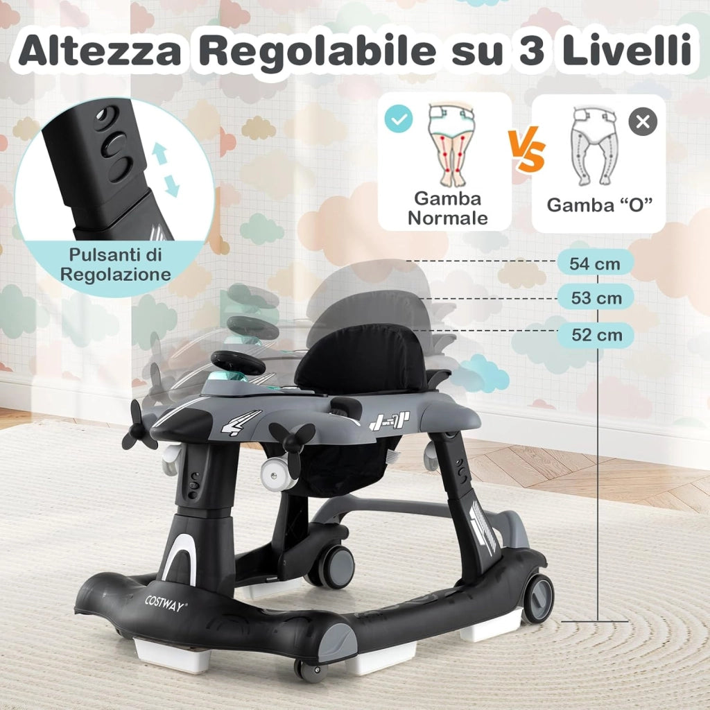 6 in 1 Girello per Bambini, Girello Pieghevole con Altezza Regolabile a 3 Livelli, Scatola Musicale Rimovibile, Vassoio per Alimenti, Portata 12 kg, per Bambini di 6-18 Mesi (Grigio)