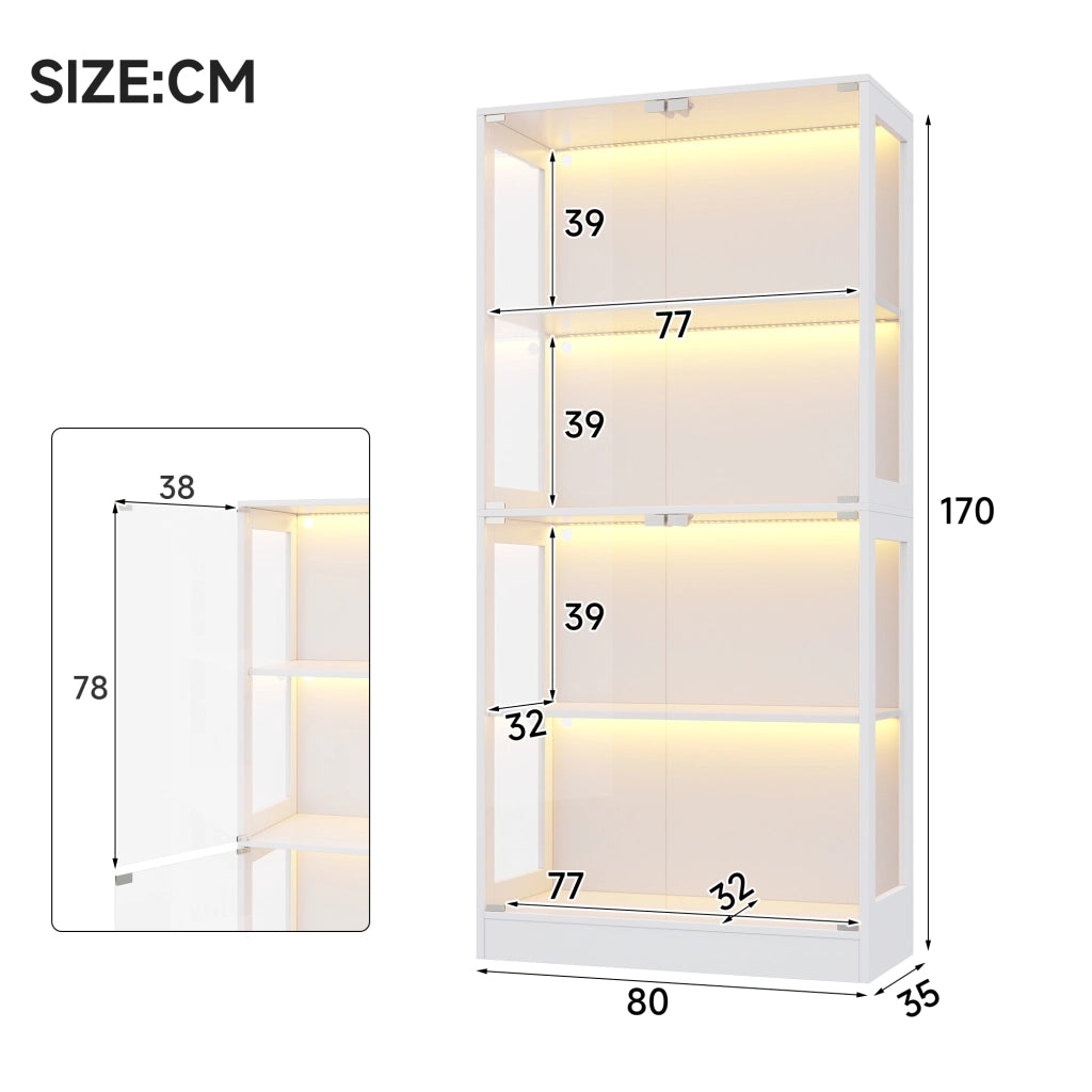 Vetrina con LED da app, 4 ripiani e porte push-to-open, per soggiorno, in MDF e vetro, bianca 80 × 35 × 170 cm