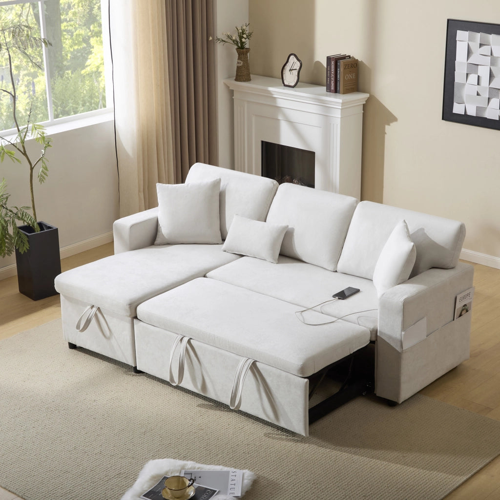 Divano angolare convertibile 4 posti con chaise longue reversibile, USB, vano contenitore e cuscini in flanella beige