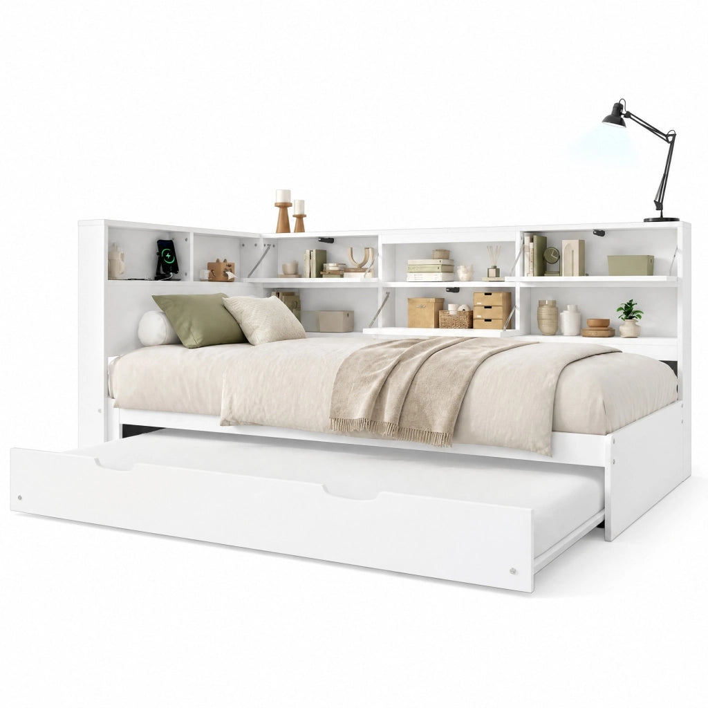 Daybed con letto estraibile 90x200 cm; testiera con vano contenitore e USB/Type-C; bianco