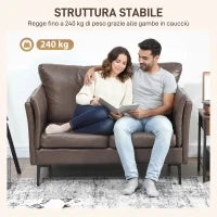 Divano 2 Posti in Pelle Traspirante con Imbottitura Spessa e Gambe in Metallo, 137x72x88 cm, Marrone Scuro