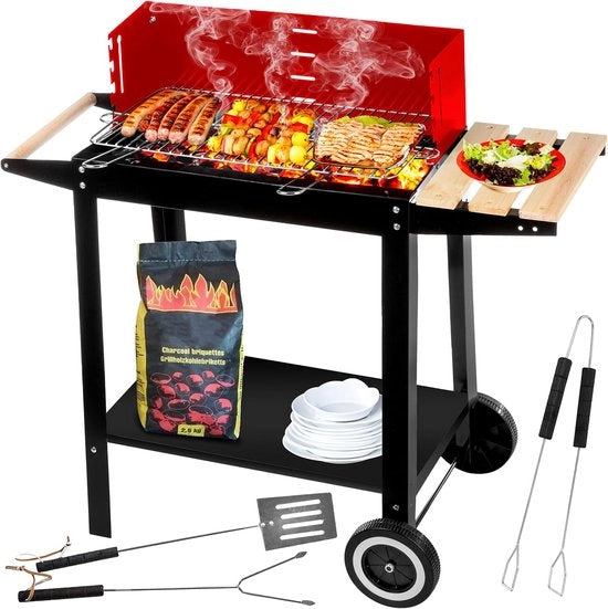 Barbecue a legna per giardino Griglia per giardino Ruota di acciaio inox 50 cm x 26,5 cm Due ruote di trasporto