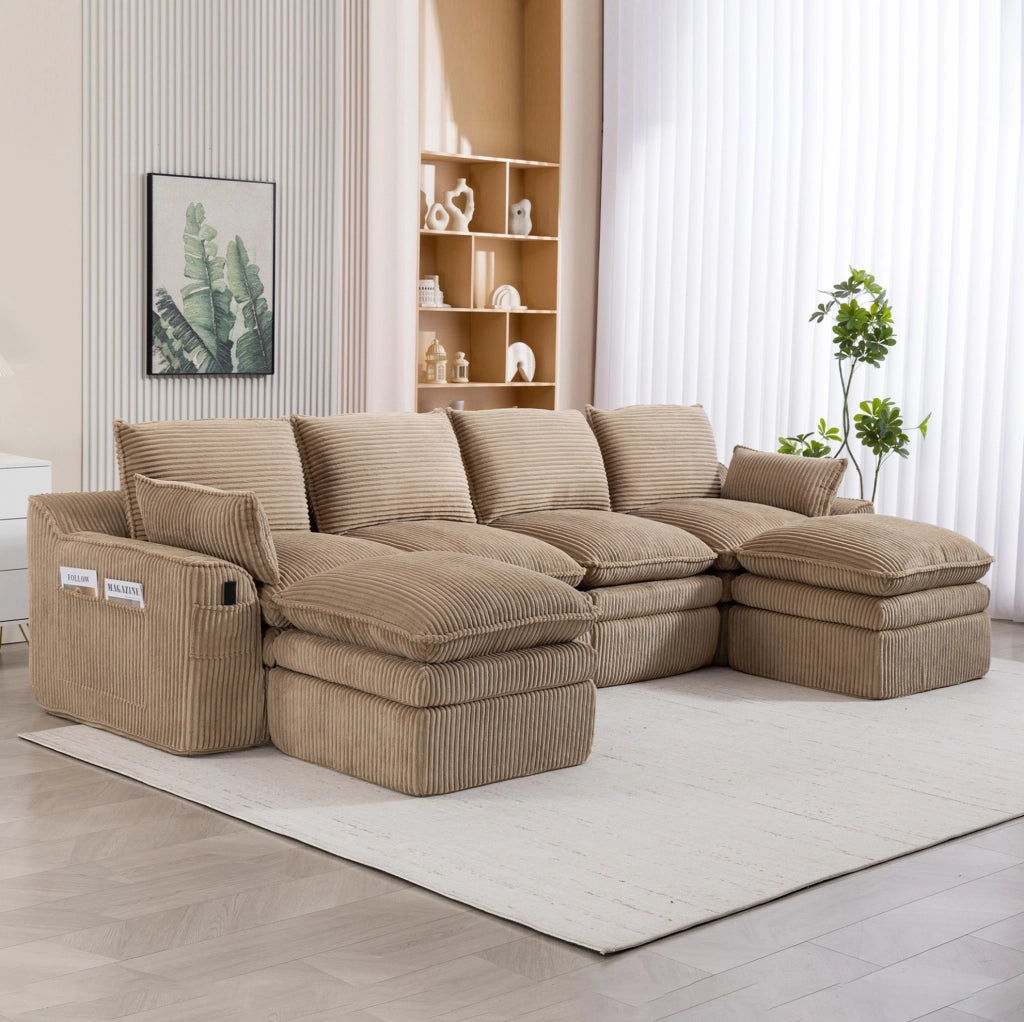 Divano modulare 4 posti in corduroy khaki con tasche laterali e cuscini; 335 x 167 x 85 cm