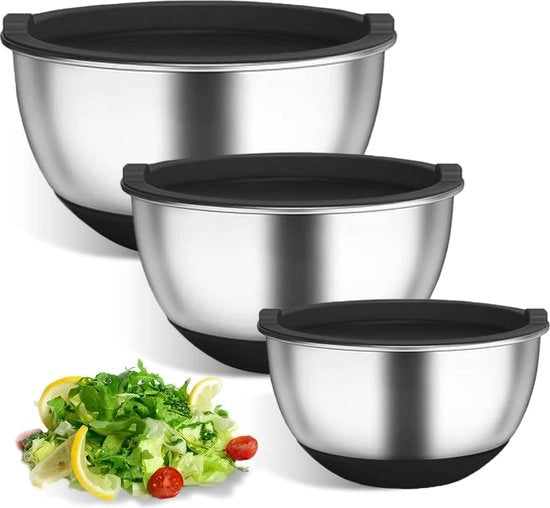 Set di contenitori in acciaio inossidabile con coperchi, set di 3 contenitori, contenitore per mescolare, contenitore per servire, contenitore per stappare, contenibile, accessori da cucina (18 + 22 + 26 cm)