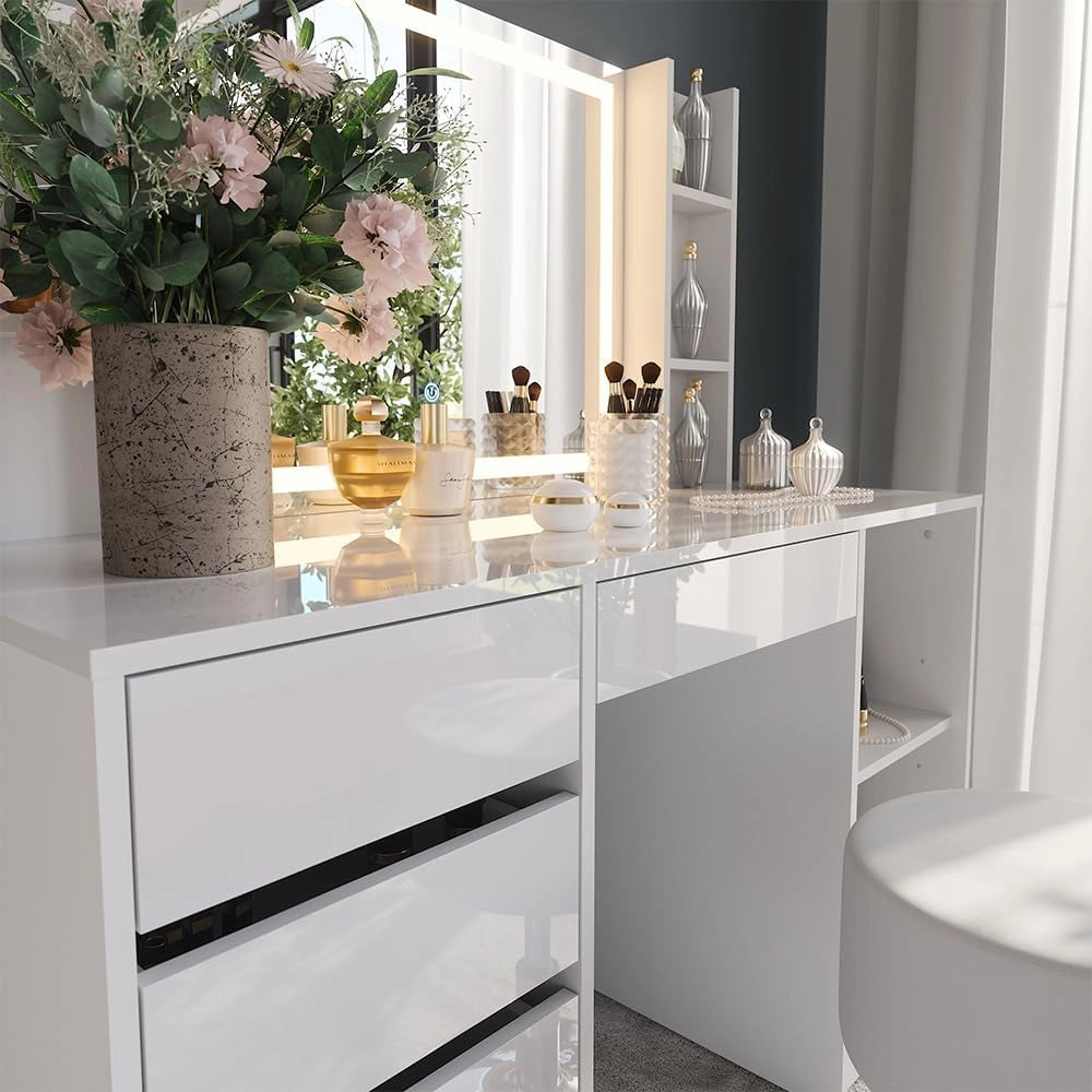 Tavolo da toeletta Sherry, Bianco/bianco lucido, 128.2 cm 5 parti