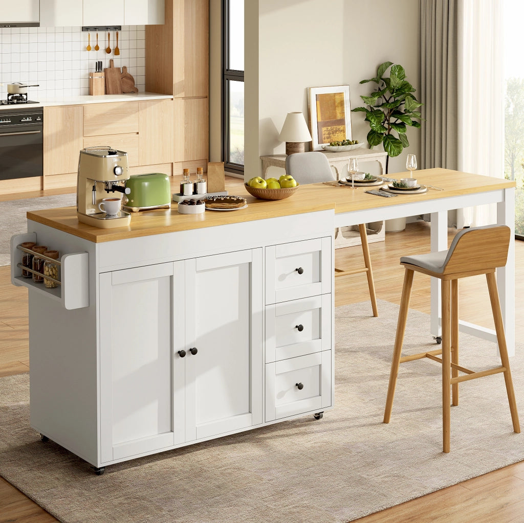 Isola da cucina mobile allungabile 116-179;5x45x89 cm con cassetti e ruote; bianca